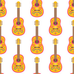 Naklejka premium Seamless pattern with yellow and pink acoustic guitar on white background. String music instrument. Mexican or brazilian traditional party. Vector flat illustration for wallpaper, textile, packaging
