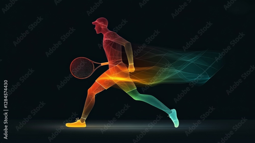 Poster dynamic tennis player in motion with colorful light trails