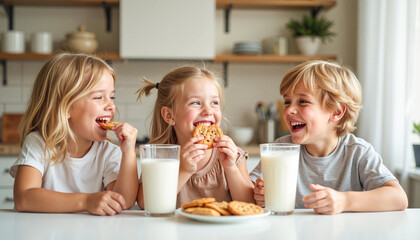 Siblings laughing and enjoying cookies with glasses of milk at a kitchen table, joyful childhood snack time concept.