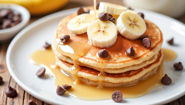 Delicious fluffy pancakes topped with sliced bananas and scattered chocolate chips, drizzled with syrup, inviting breakfast treat.