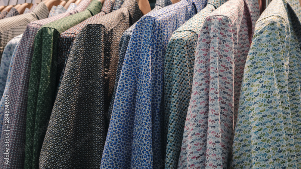 Poster a rack of clothes with a variety of colors and patterns is displayed. the clothes are hanging on a r