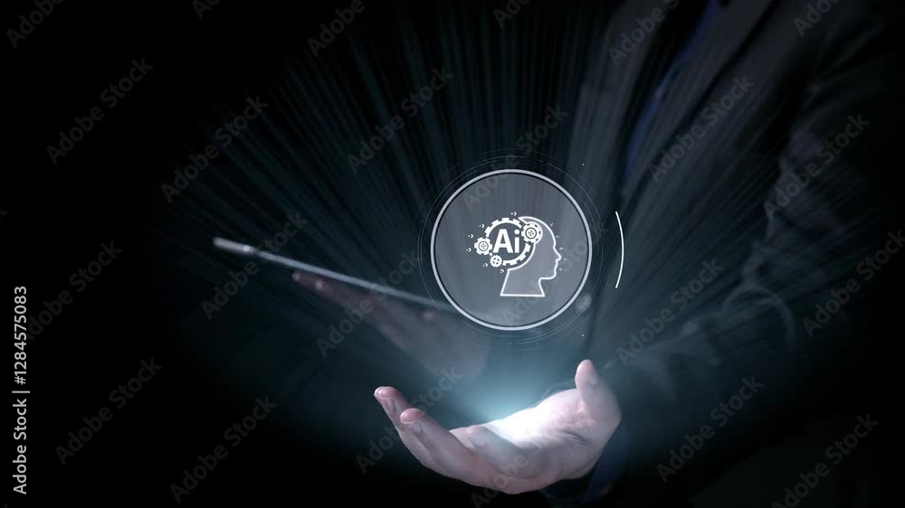 Poster human interact with ai artificial intelligence brain processor in concept of ai artificial intellige