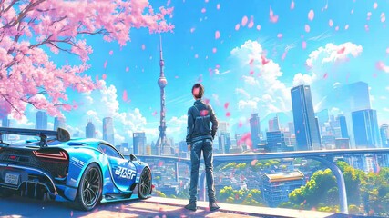 Futuristic Cityscape with Sports Car and Cherry Blossoms