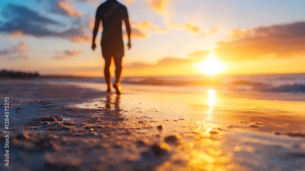 Poster silhouette of a person walking on a beach during a stunning sunset with golden light reflection on w