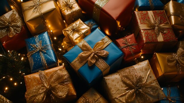 Wrapped Christmas gifts, many colors, festive lights, holiday presents
