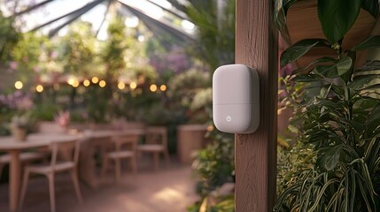 Smart home device mounted on wooden post in greenhouse.