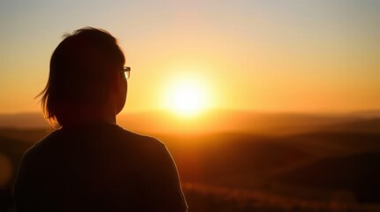 A person stands silhouetted against a vibrant, golden sunset, lost in contemplation of the view.