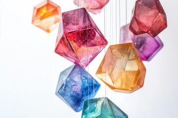 Colorful, faceted gemstone-like objects hang from thin strings, creating a mesmerizing mobile.
