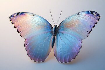Fototapeta premium A breathtaking iridescent blue butterfly with delicate wings, showcasing nature's vibrant beauty.