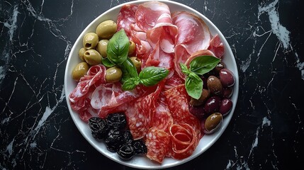 Obraz premium Gourmet Italian antipasto platter on marble