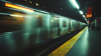 Fototapeta premium Fast train zooms through subway station, motion blur, lights illuminate platform