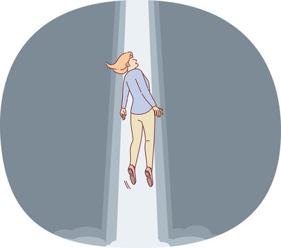 Woman abducted by UFO takes off in beam of light emanating from flying saucer of aliens invaded planet earth. Girl victim of UFO from science fiction films about martians living in space