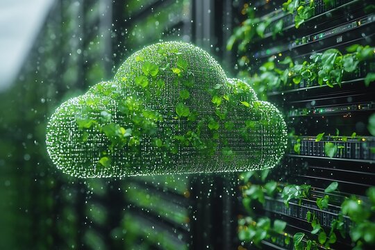 Green plants thrive amidst server racks in a modern data center.