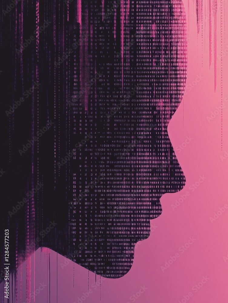 Aufkleber Human face outline merging with binary code in a futuristic representation of artificial intelligence and data flow. Generative AI