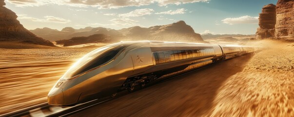 Futuristic high-speed train in desert landscape with mountains and cloudy sky