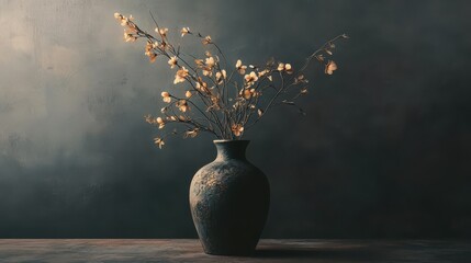 Elegant floral arrangement in rustic vase against dark background