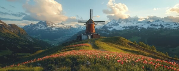 Fototapeta premium Scenic windmill on hill with tulip flowers and snowy mountains at sunset