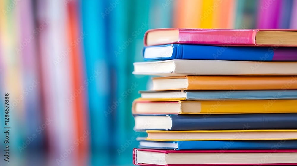 Poster Colorful Stacks of Books Displayed Neatly on a Shelf Creating a Vibrant Literary Scene : Generative AI