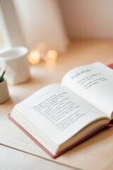 Open journal with handwritten lists on wooden surface, creating cozy and organized workspace ambiance.