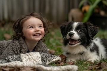 Child enjoys playful moment with puppy in backyard during autumn afternoon