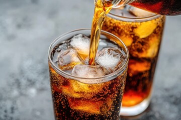 Two glasses of cola with ice cubes, one being poured, with visible carbonation and bubbles. Ideal for beverage ads, refreshment, and summer promotions