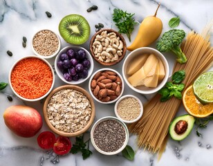 Health Food with High Fiber Content – Health Food Concept for a High Fiber Diet with Fruits, Vegetables, Cereals, Whole Wheat Pasta, Grains, Legumes, and Herbs on a Marble Background, Top View