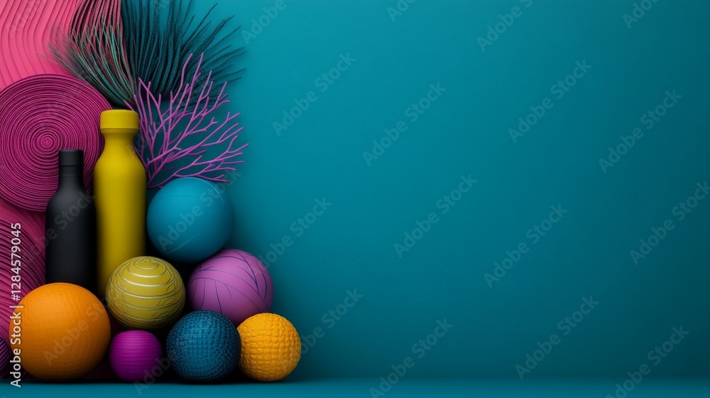 Poster colorful arrangement of abstract shapes and objects on teal background