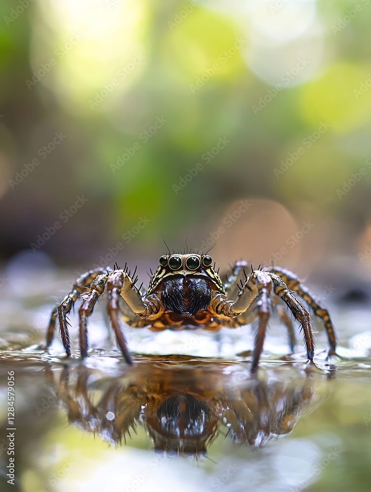 Fototapete detailed closeup of a spider resting on the surface of water with beautiful bokeh effects in the bac