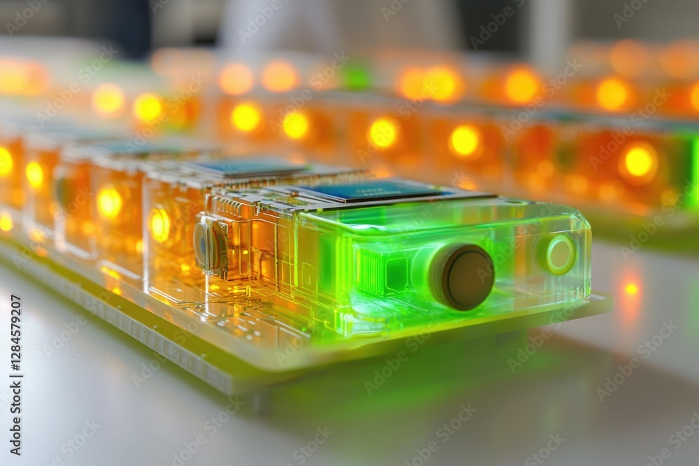 Poster close-up of illuminated transparent devices arranged on a circuit board, showcasing technological ad