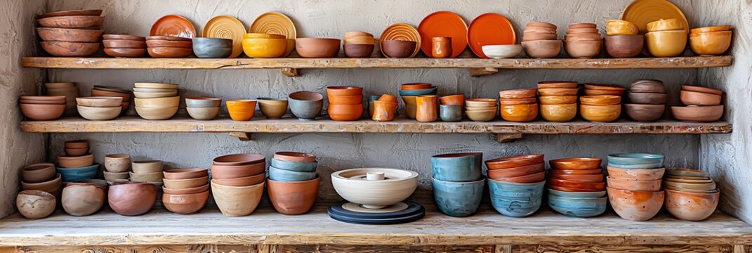 Cozy corner of a pottery studio featuring shelves filled with vibrant ceramics and a potters wheel ready for work