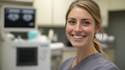 Smiling caucasian female adult nurse in medical setting