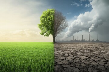A stark image of environmental change: A single tree symbolizes the dichotomy between a thriving, green ecosystem and the destructive impact of industrial pollution.