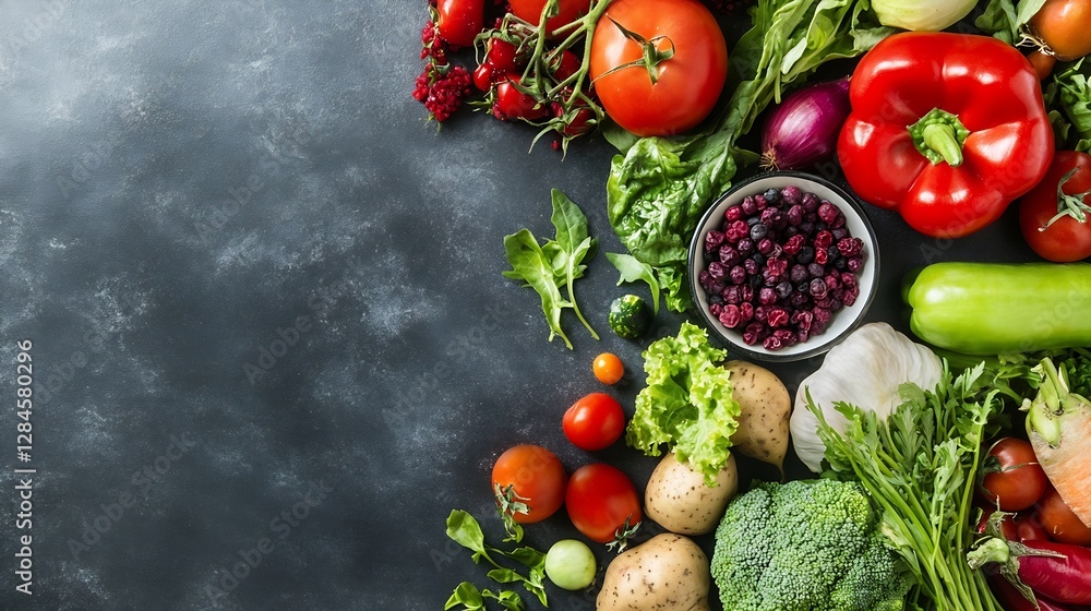 Aufkleber colorful assortment of fresh vegetables and fruits arranged strategically on a dark surface : genera