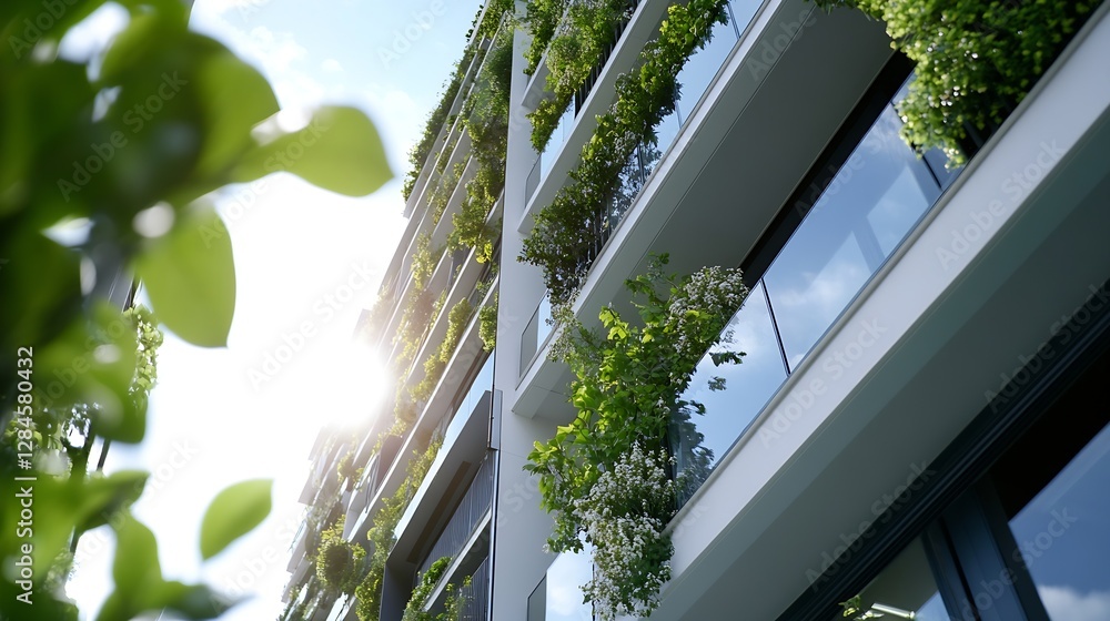 Poster modern ecofriendly building with green plants on balconies surrounded by bright sunlight creating a 