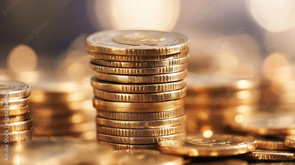 Aufkleber stacked gold coins glimmering under soft light in a wealthy business setting : generative ai