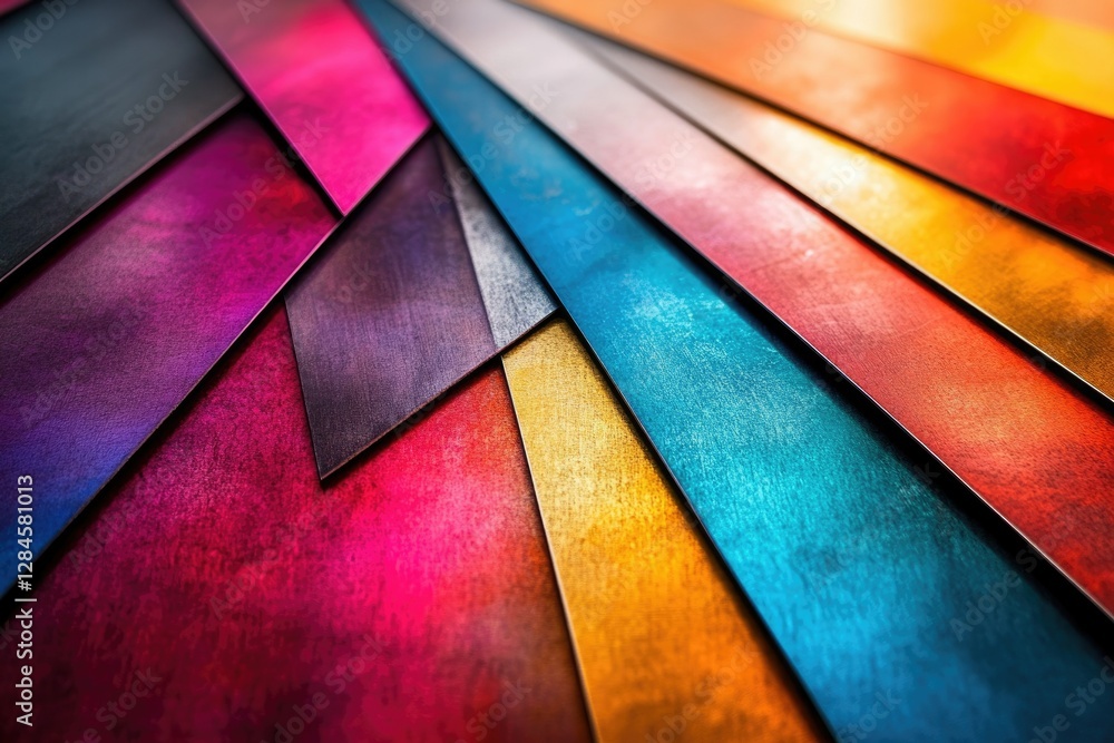 Poster vibrant, textured color stripes arranged in an overlapping, angular pattern.