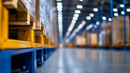 Conveyor Warehouse Interior Featuring Neatly Stacked Pallets and Bright Industrial Lighting : Generative AI