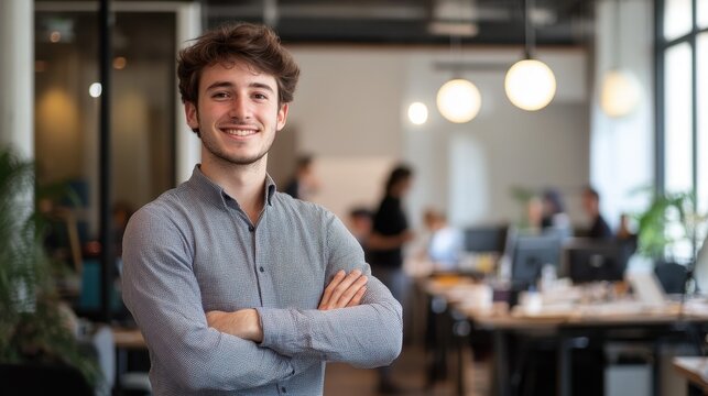 A young European man in his twenties smiles confidently in a modern office setting, showcasing a friendly and professional atmosphere among colleagues.