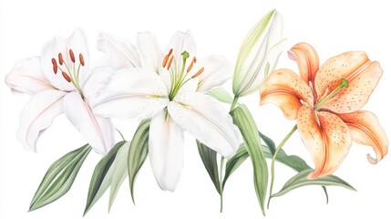 Obraz premium Delicate watercolor illustration of refined lilies in white, orange, and pink hues captured beautifully with botanical flair