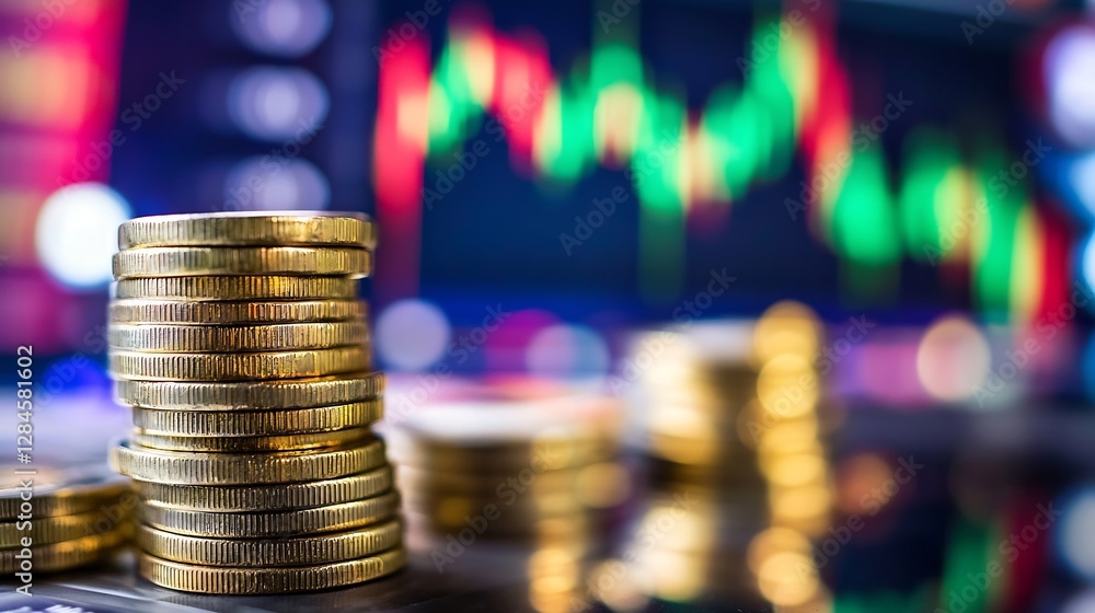 Fototapete stacked coins in front of abstract financial chart displaying trading trends and market fluctuations
