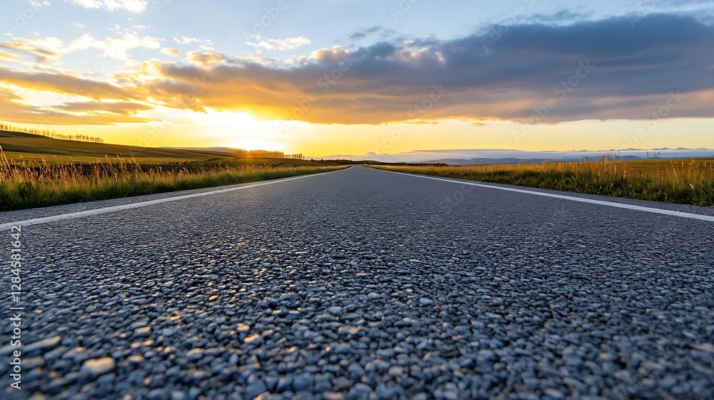 Aufkleber Expansive view of an empty road leading towards a colorful sunset with clouds reflecting soft hues : Generative AI