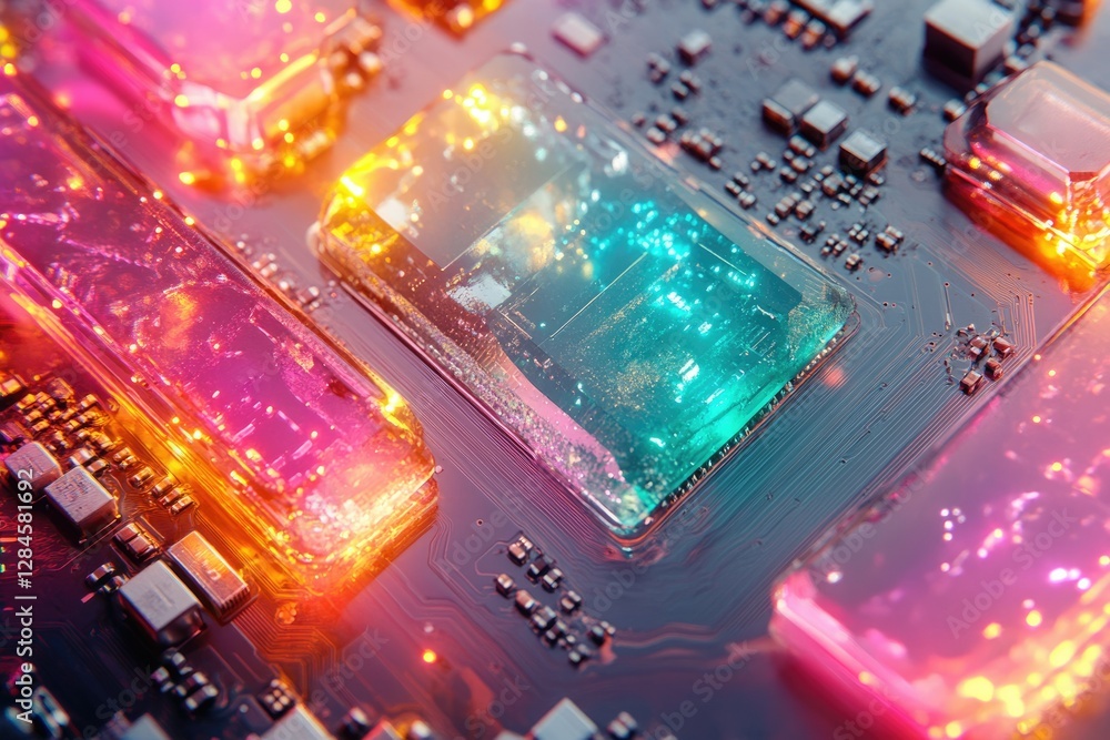 Poster close-up of vibrant, illuminated computer motherboard components showcasing intricate circuitry and 