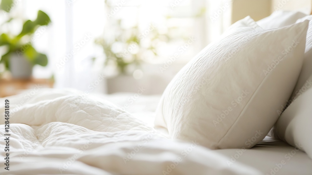 Poster Cozy serene bedroom with soft white bedding and plush pillows bathed in natural light to create a relaxing atmosphere : Generative AI