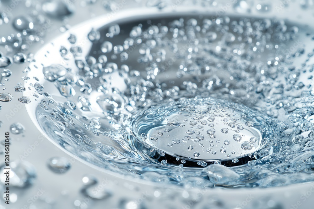 Poster water swirling down a metallic drain, creating a vortex of bubbles and splashes.