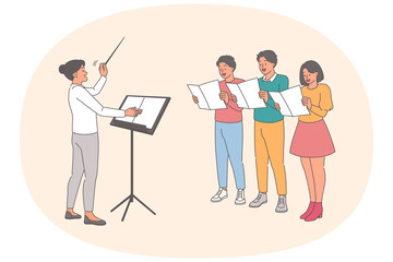 Choral singing from teenagers standing near conductor and rehearsing performance of new song