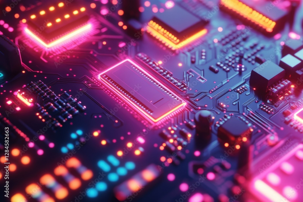 Poster close-up view of a vibrant, illuminated circuit board showcasing intricate technological components.