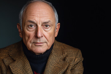 Obraz premium Mid-age man portrait, brown tweed jacket, black backdrop