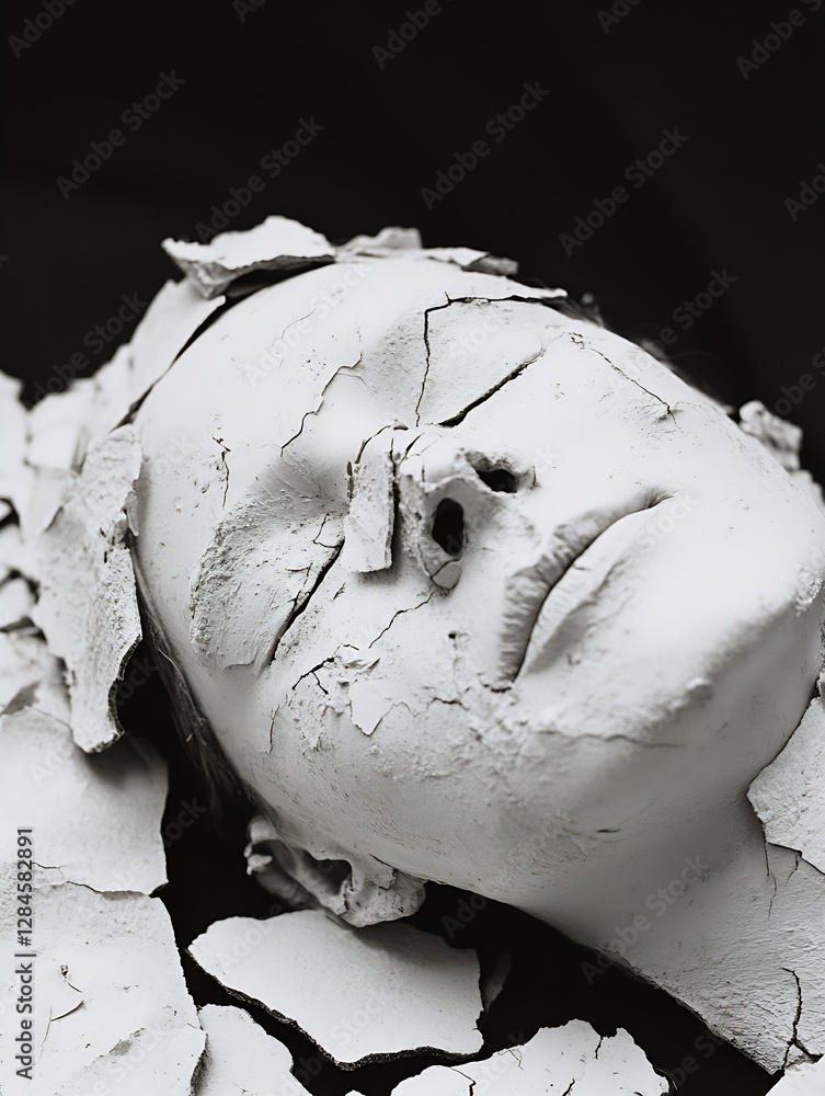 Poster artistic expression featuring a sculpted face covered in cracked white clay revealing intricate text