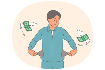 Poor man is sad because of empty pockets and lack of money for purchases, as metaphor for bankruptcy