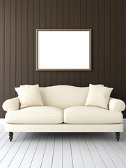 Cream sofa with cushions below a blank frame on a dark wood panel wall and white floor.